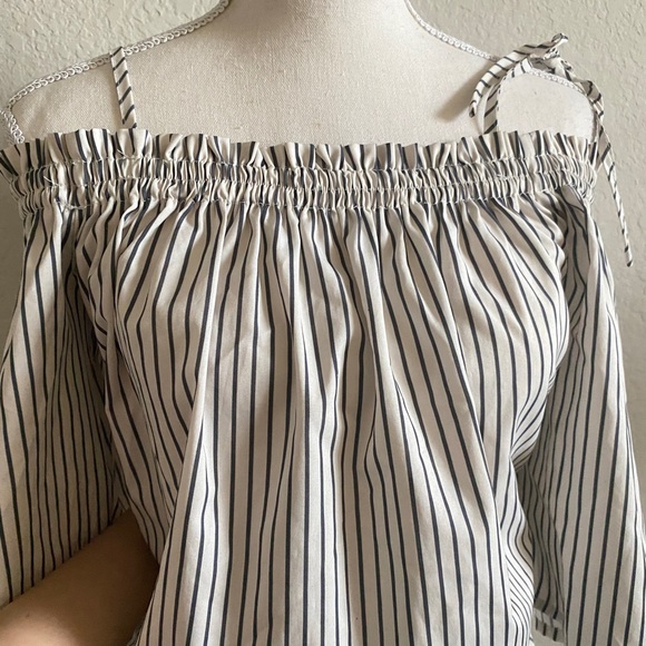 Francesca Blue Rain pinstripe off shoulder shirt - Picture 7 of 9